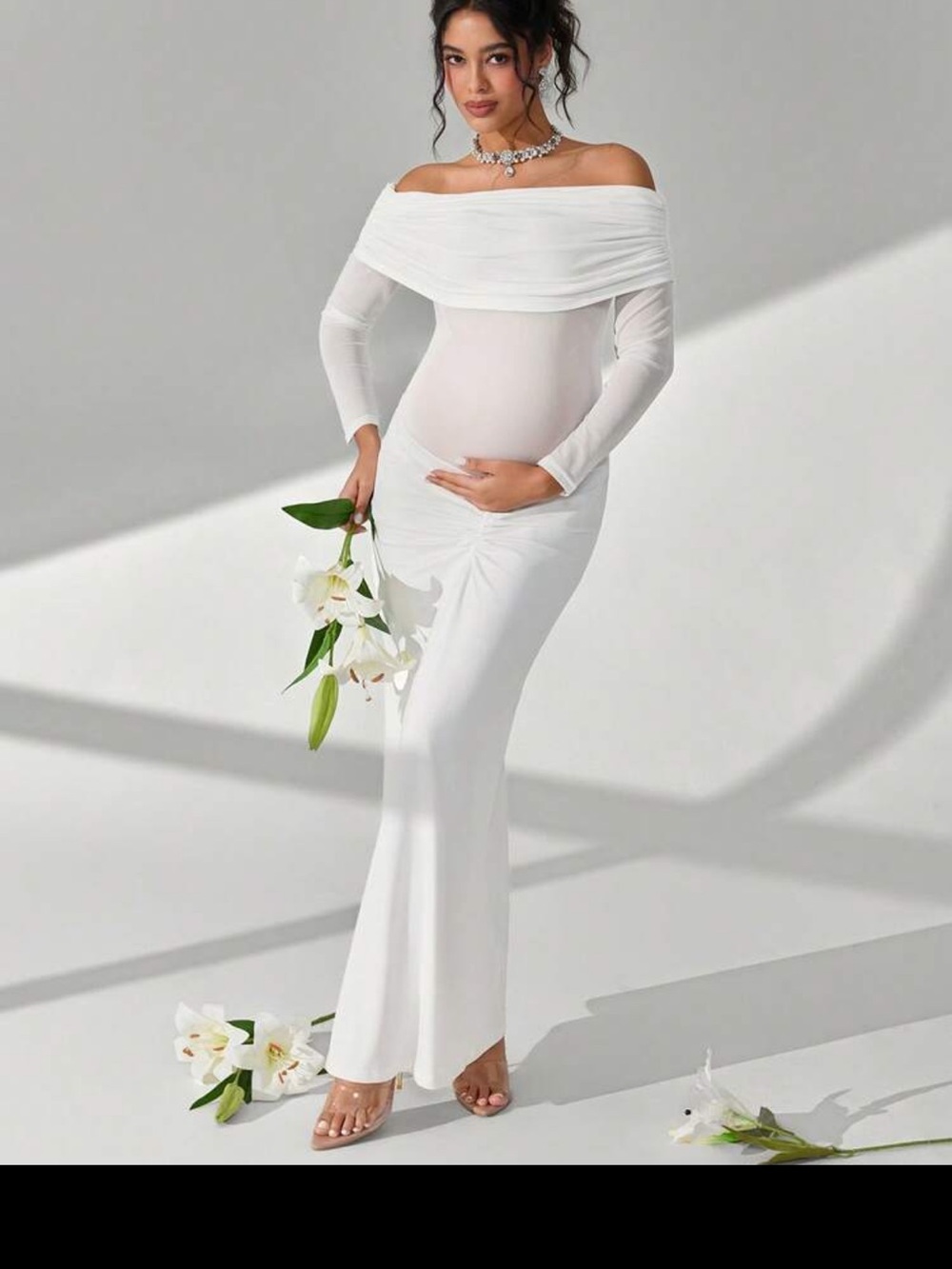 SHEIN White Off-Shoulder Draped Long Sleeve Maxi Dress